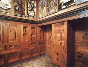 Architecture. Italian. Ducal Palace: Interior: Studiolo: Northeast Corner. (intarsia attributed to Benedetto da Maiano, W. Gallery of famous men by Justus of Ghent.) 1465-72. Urbino, Italy. Nees Rulers NeesW18Rulers14